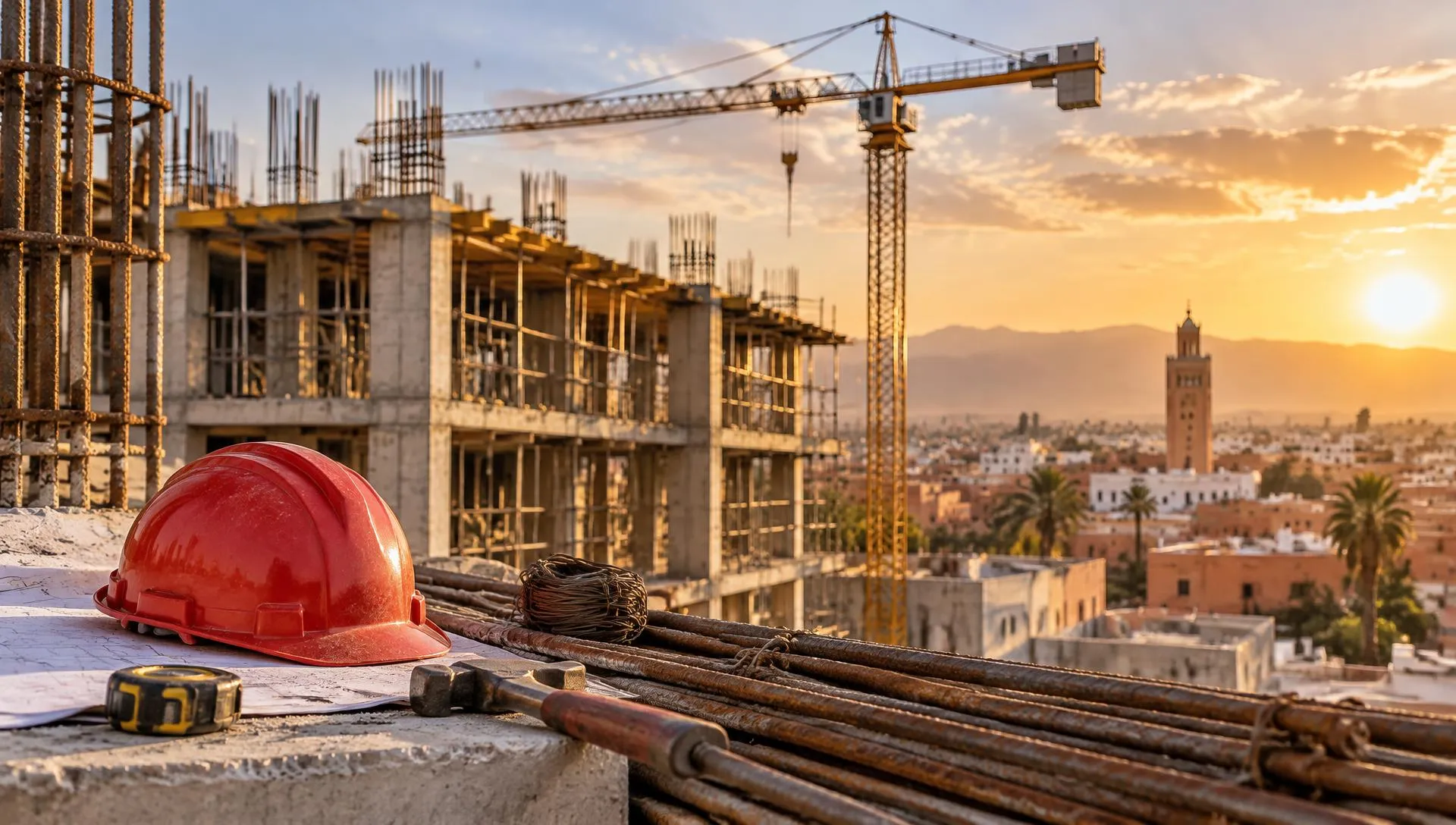 Chantier Lahlou Workers au coucher du soleil, grue et casque de chantier rouge